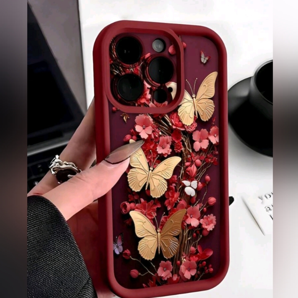 Floral Butterfly Phone 13 Case - Red and Gold